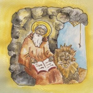 2nd grade cover art. older man reading a book with a lion and spider.jpg